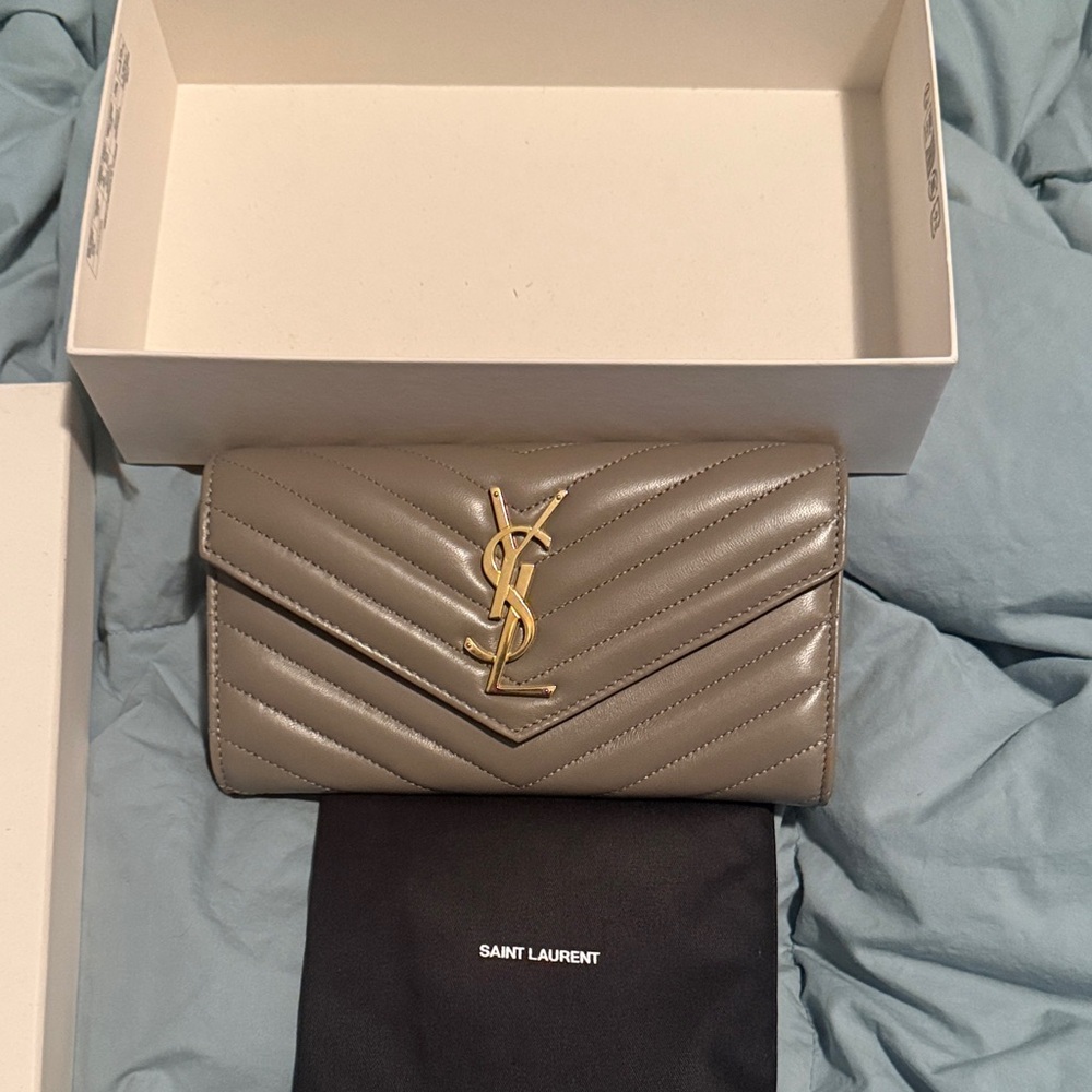 Saint Laurent Taupe Quilted Leather Wallet with Gold YSL